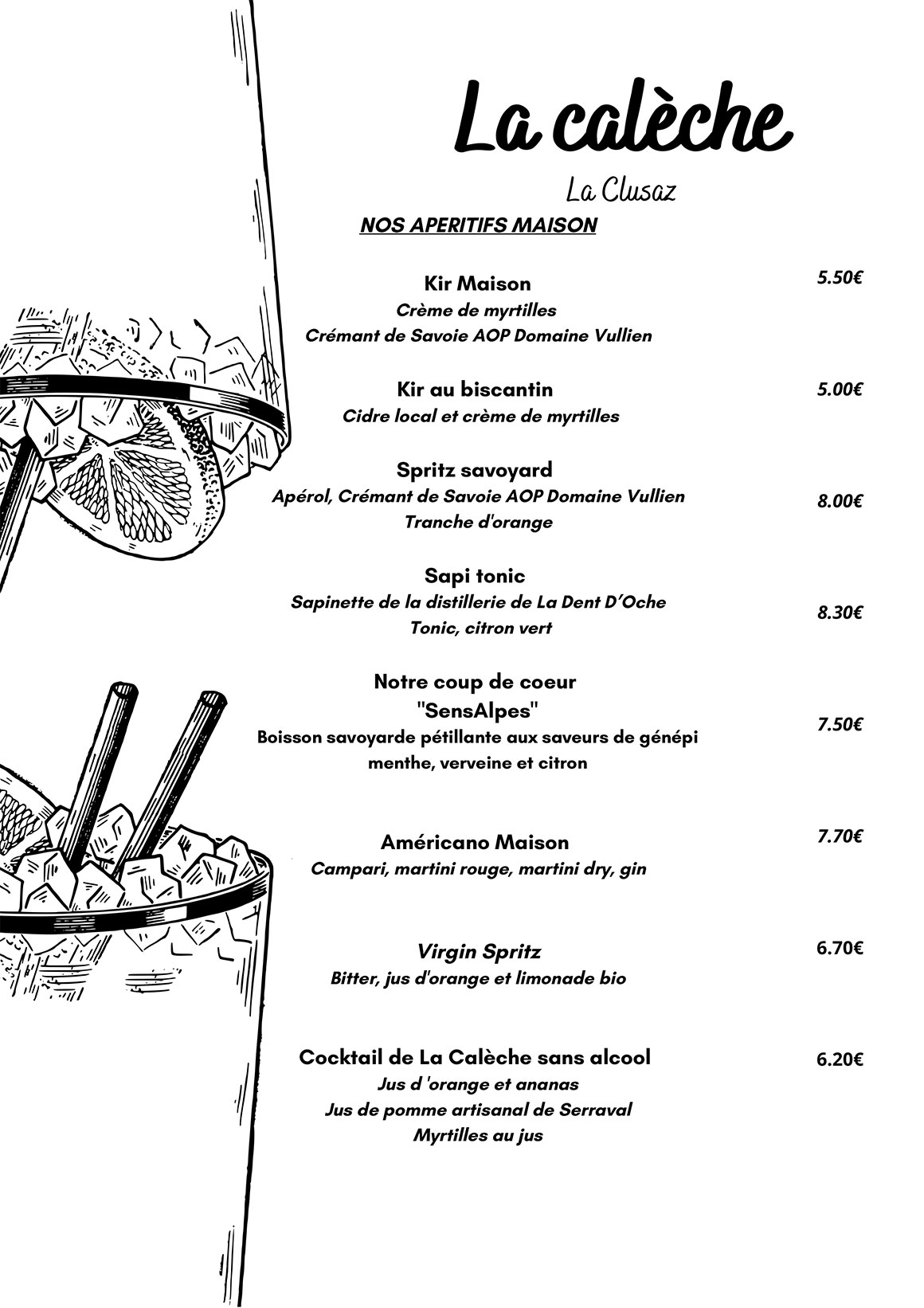 Carte des apéritifs restaurant la Calèche la Clusaz