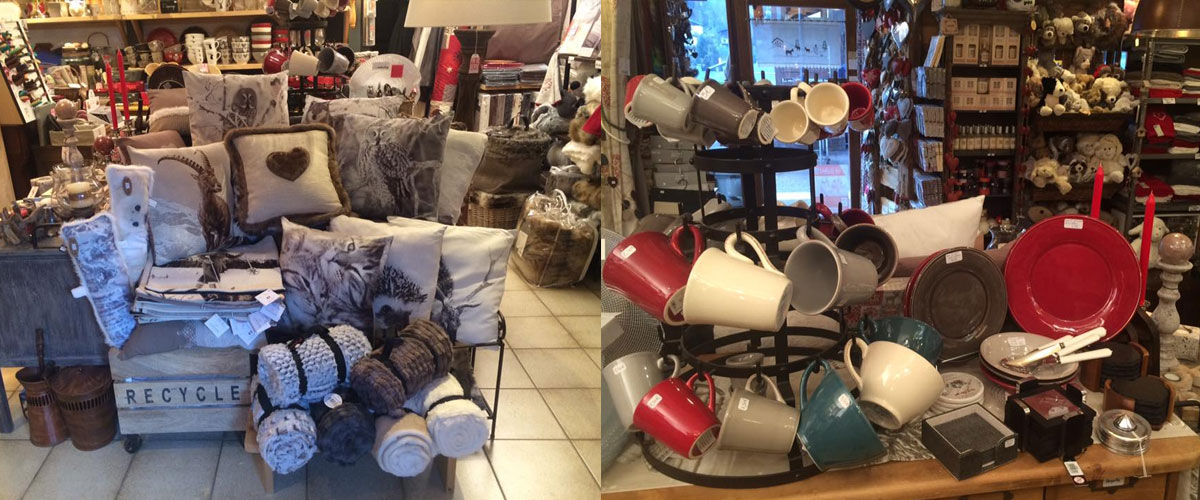 Magasin de décoration, vaisselle rideaux, coussins, bol, cadeaux souvenirs de style montagne et campagnard