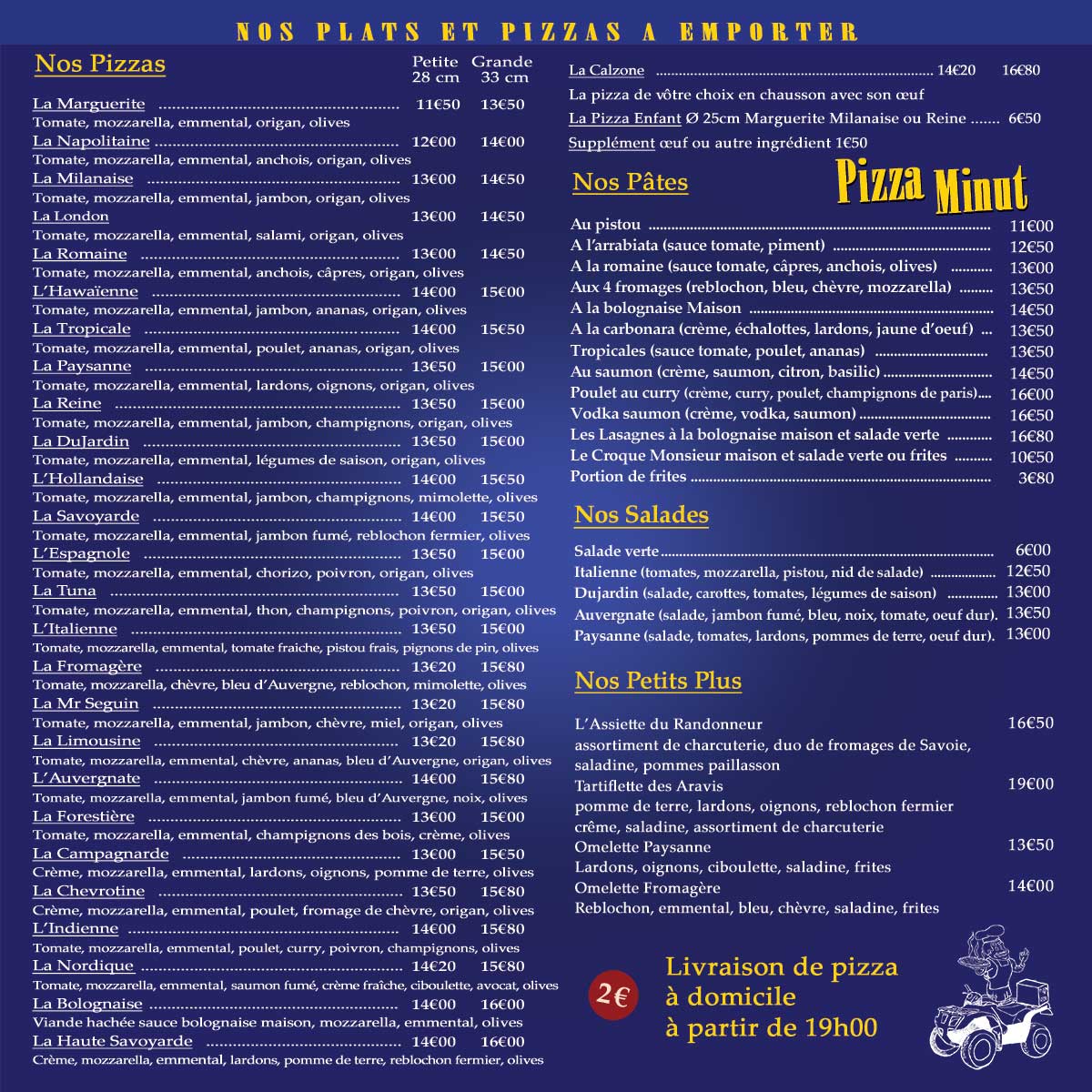 carte restaurant pizzeria La Clusaz pizza minut livraison pizzas à domicile