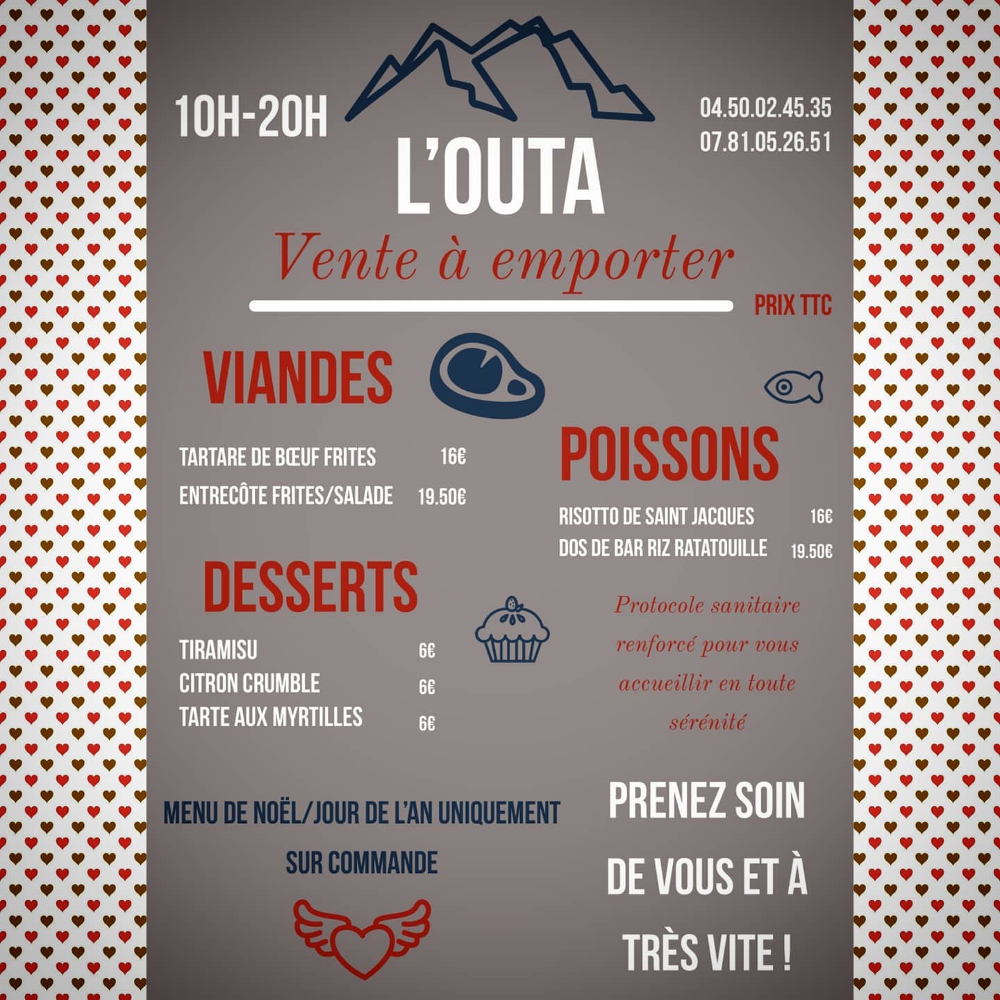 le restaurant l'outa vous propose des plats à emporter viandes plats préparés desserts maison menu de noel et jour de l'an sur commande arvimedi